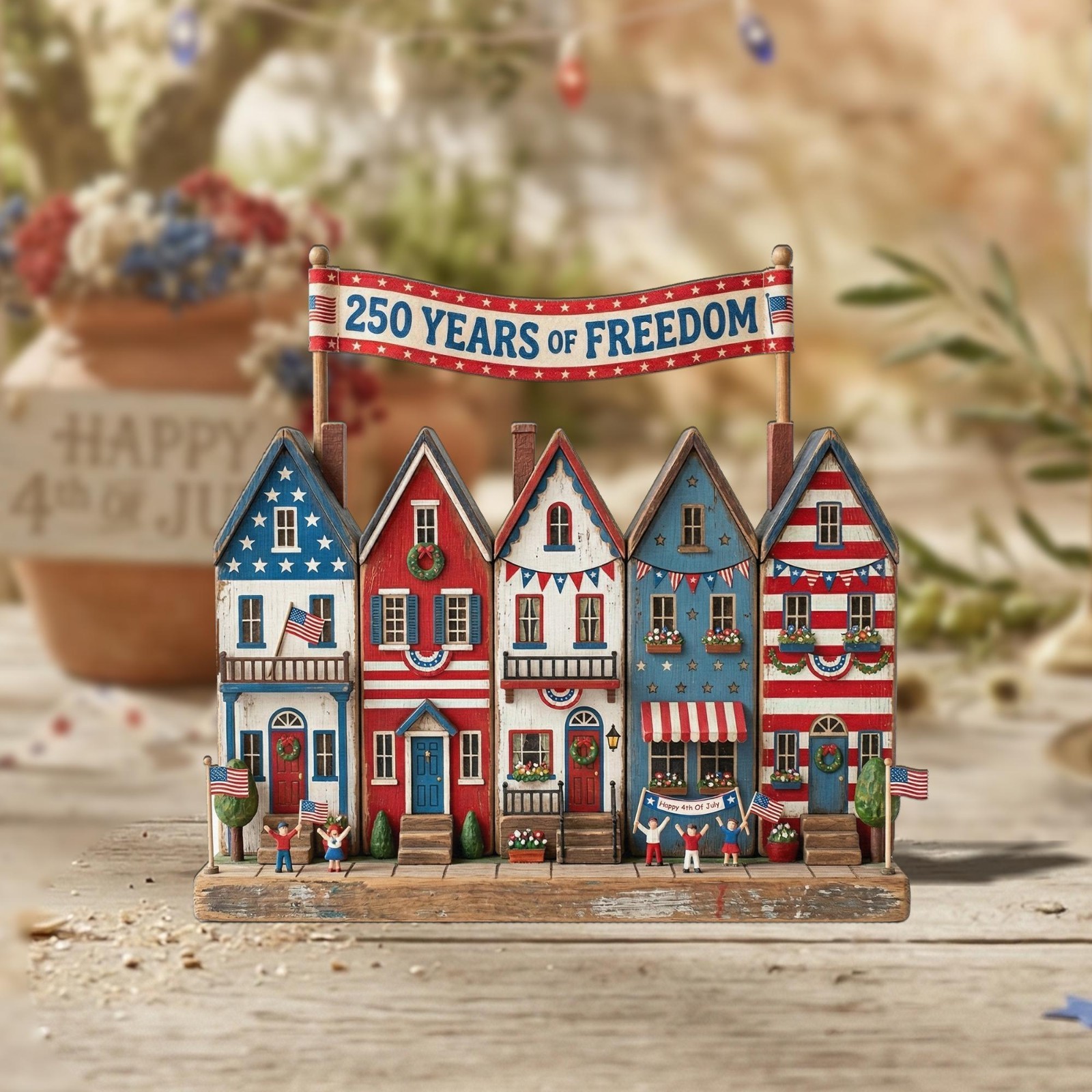250 Years Freedom 2D FLAT Wooden Block Decor, Patriotic Village Display