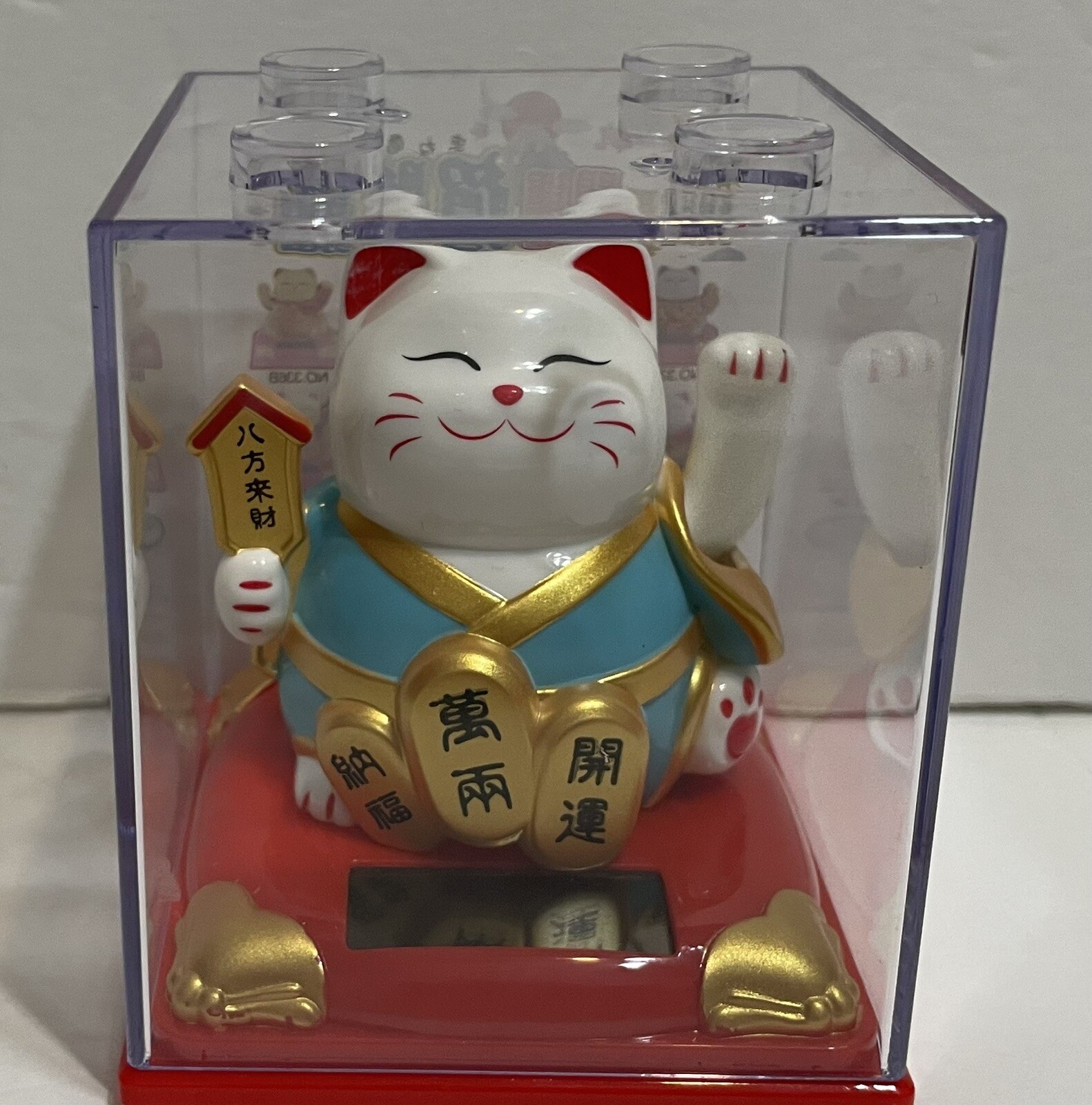 Solar Powered Maneki Neko Welcoming Lucky Hands Waving Fortune Cat In Blue3.25”