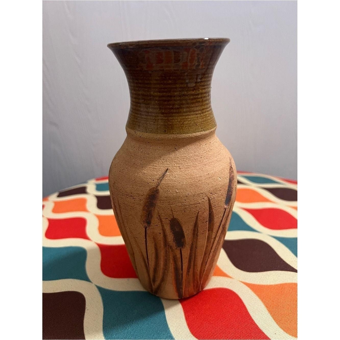 Stamped Handcrafted Tan Ceramic Vase with Brown Glazed Neck and Cattail Motif