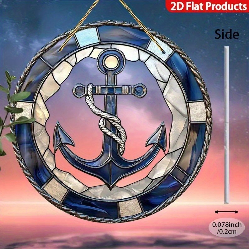 Navy Blue Anchor Rope Nautical Rope Rim Round Acrylic Suncatcher Coastal Decor