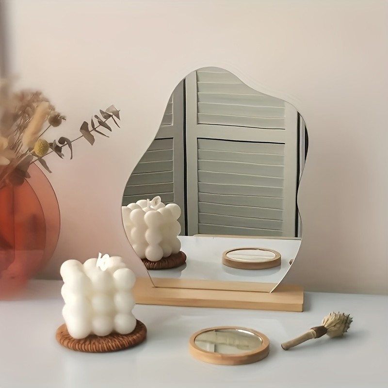 Irregular Decorative Tabletop Vanity Mirror with Wooden Base Bedroom Decor
