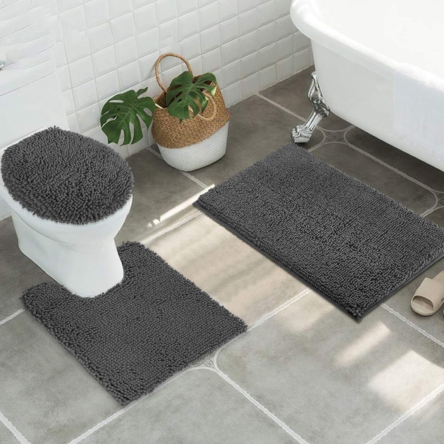 Standard 3pc Non-Slip Shaggy Chenille Bathroom Mat Set, Includes 24″x21″