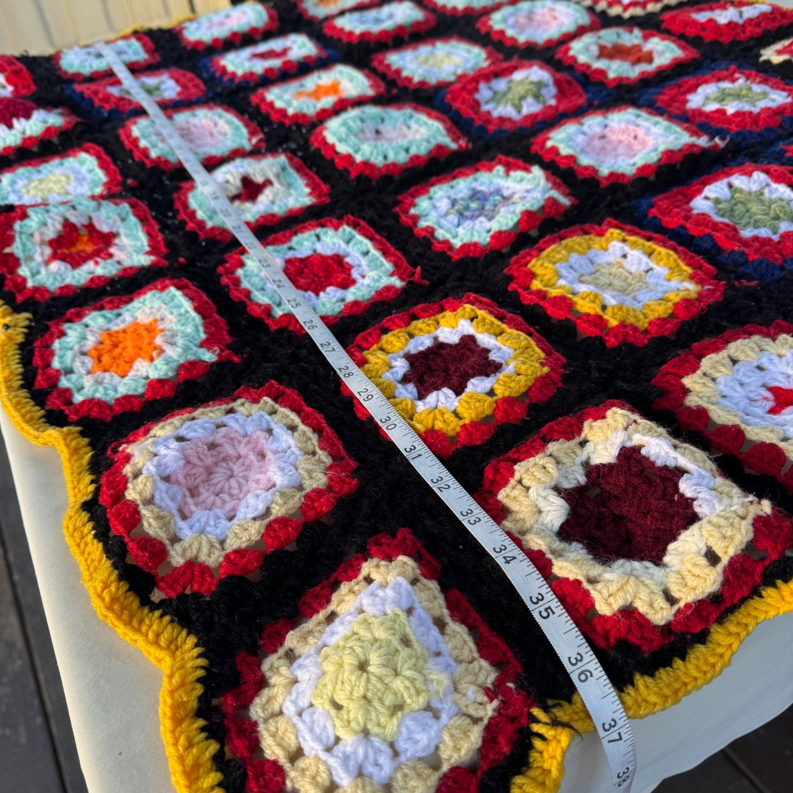 vintage Crochet Blanket 31×36″ Multicolor Granny Square Boho Cottagecore Retro