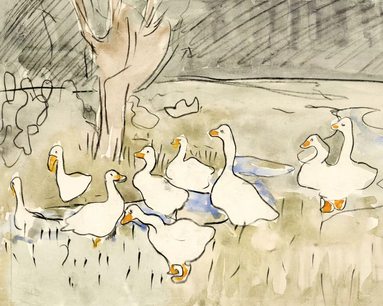 Vintage Duck Watercolor Landscape Canvas Painting Artwork Decor