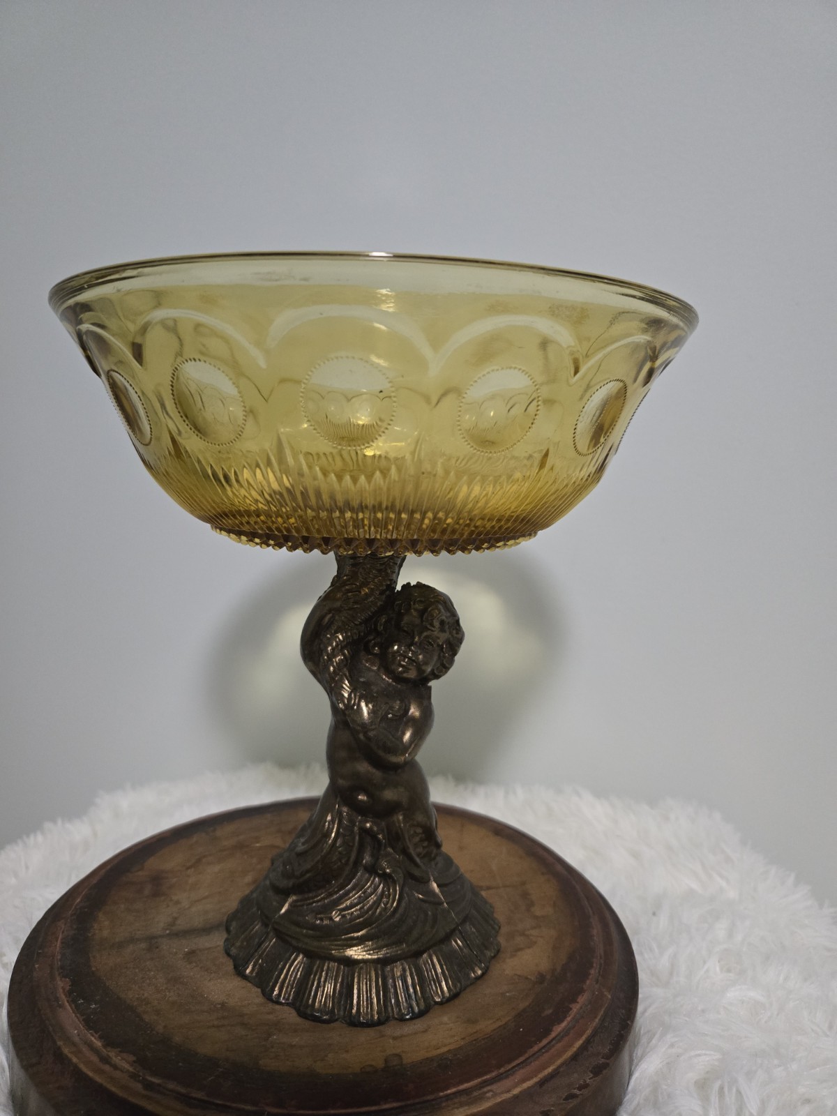 Antique Amber Pressed Glass Compote Pedestal Bowl Cherub Bronze Metal Base