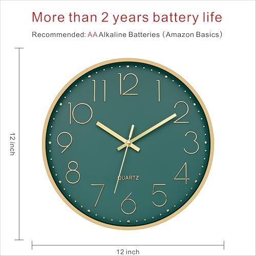 Modern Wall Clock 12 Inch Silent Non Ticking Battery Operated Round Green