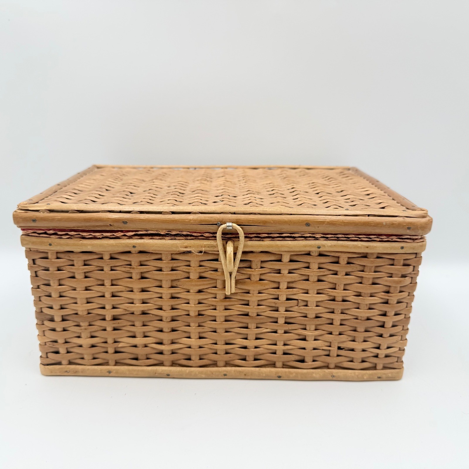 Vintage Wicker Sewing Basket Pink Tufted Satin Lining with Notions Set 10in