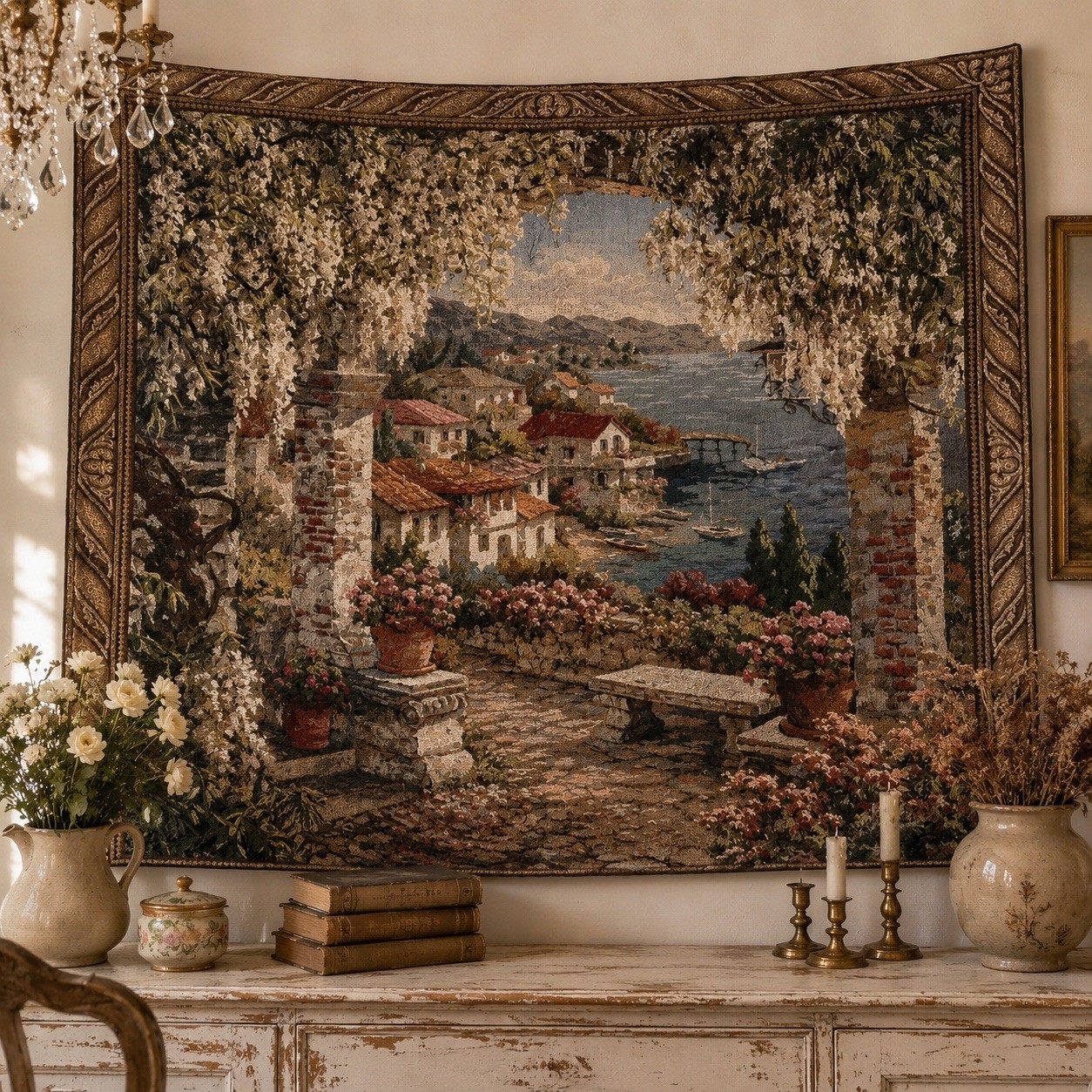 Mediterranean Renaissance Tapestry 51×52 Wall Art Hanging Garden Italian Villa