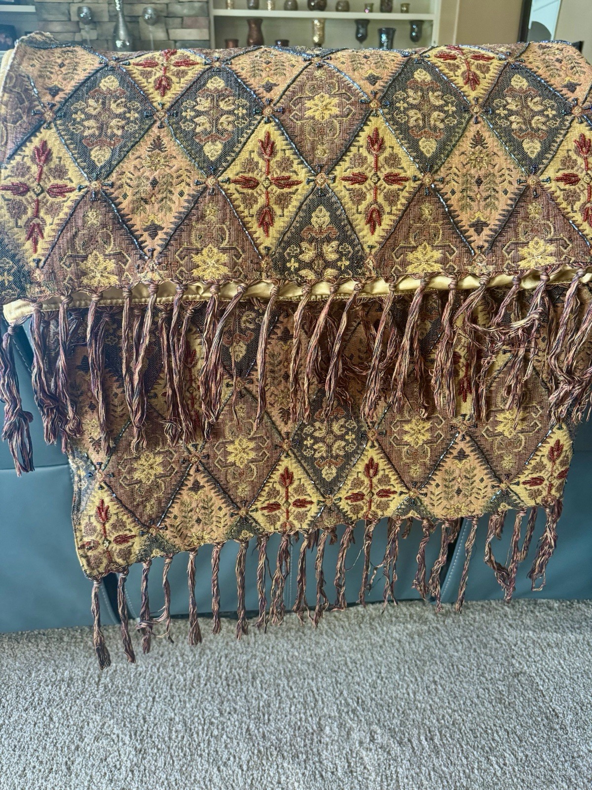 Vtg Pier 1 Tapestry Fringe Throw Blanket Boho Beaded Diamond Moroccan INDIA EUC