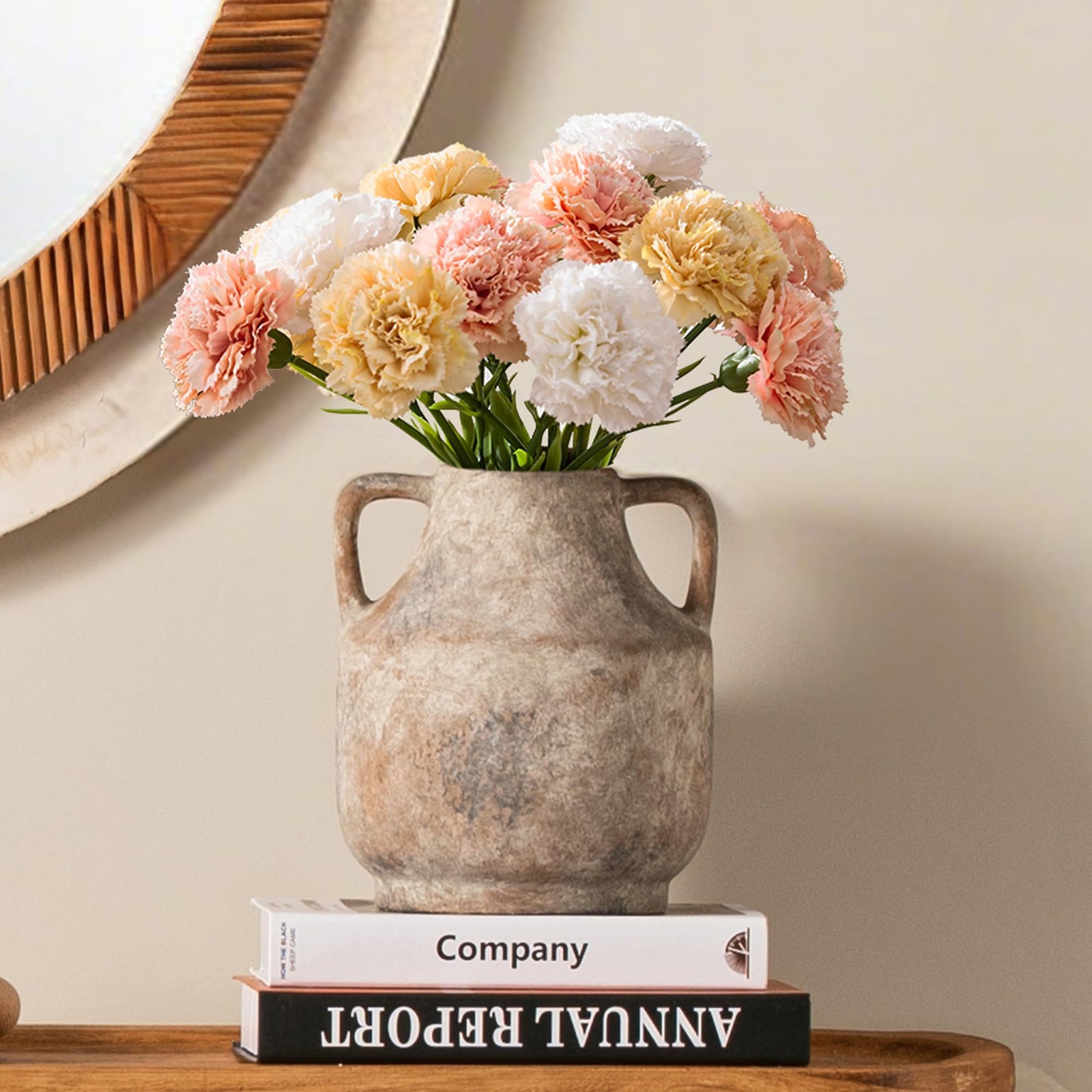 Ceramic Flower Vase with Handles, 8 inch Tall Off-White Vase, Decorative Terraco