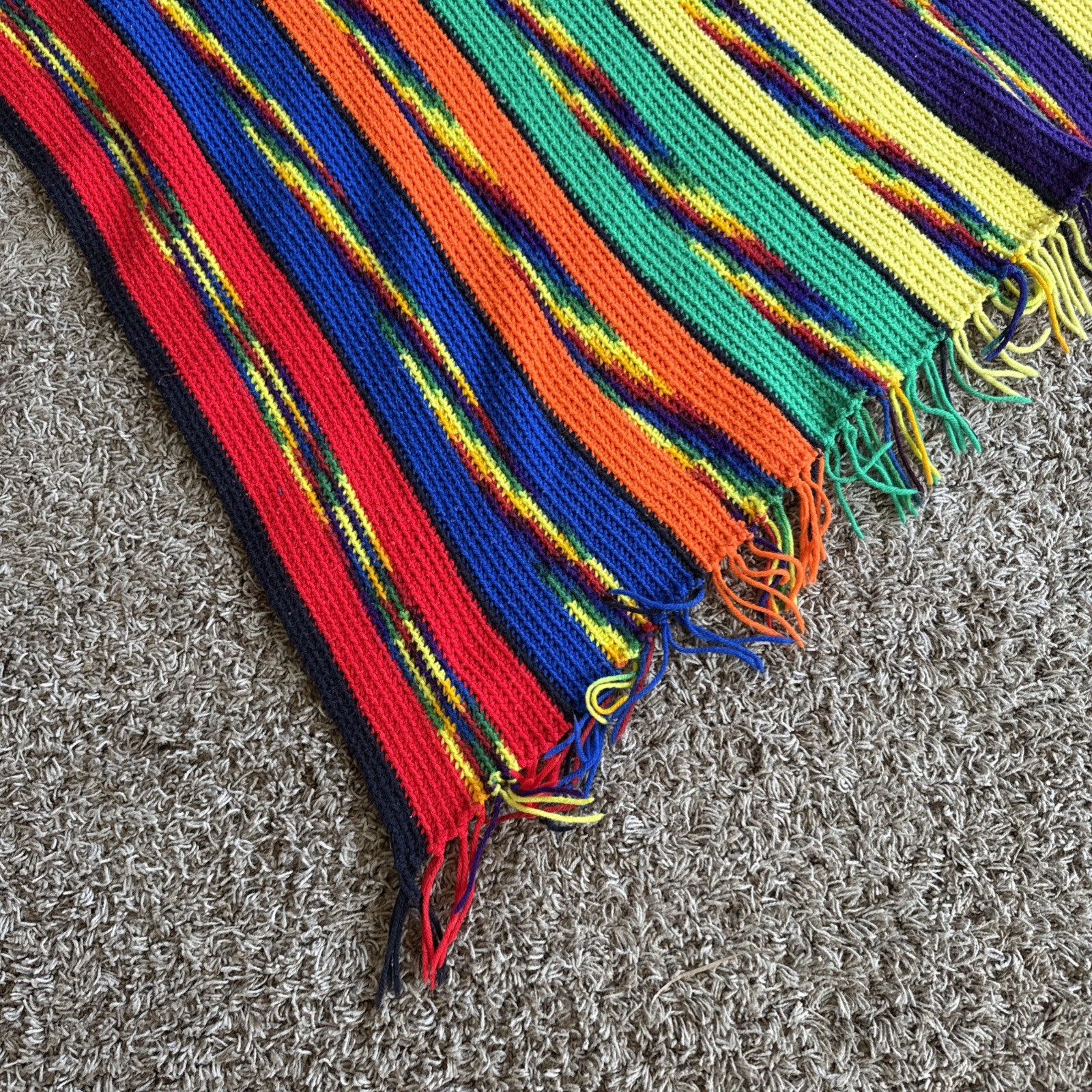 Vintage Colorful Fringed Chevron Pattern Crochet Knit Afghan 70”x 53” Reversible