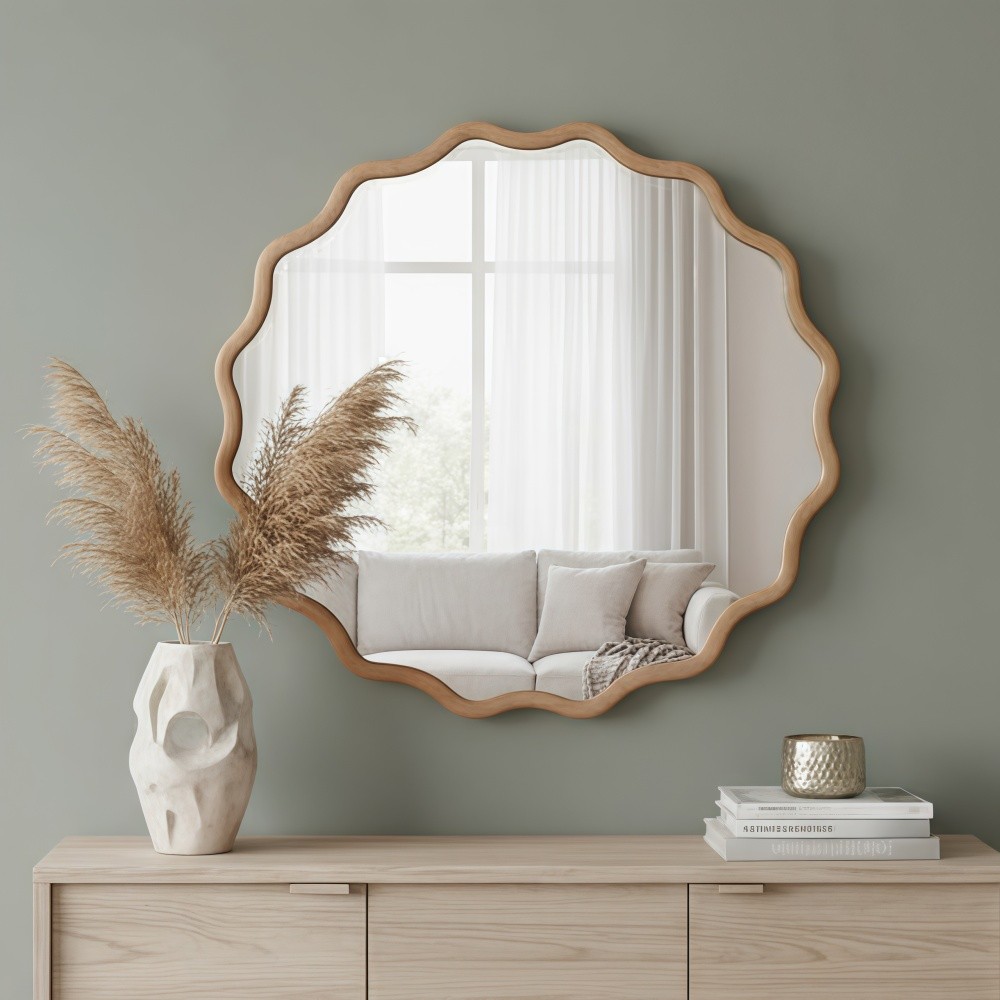 30in Wavy Round Mirror Wood Frame Mid-Century Modern Mirror For Bedroom Bathroom