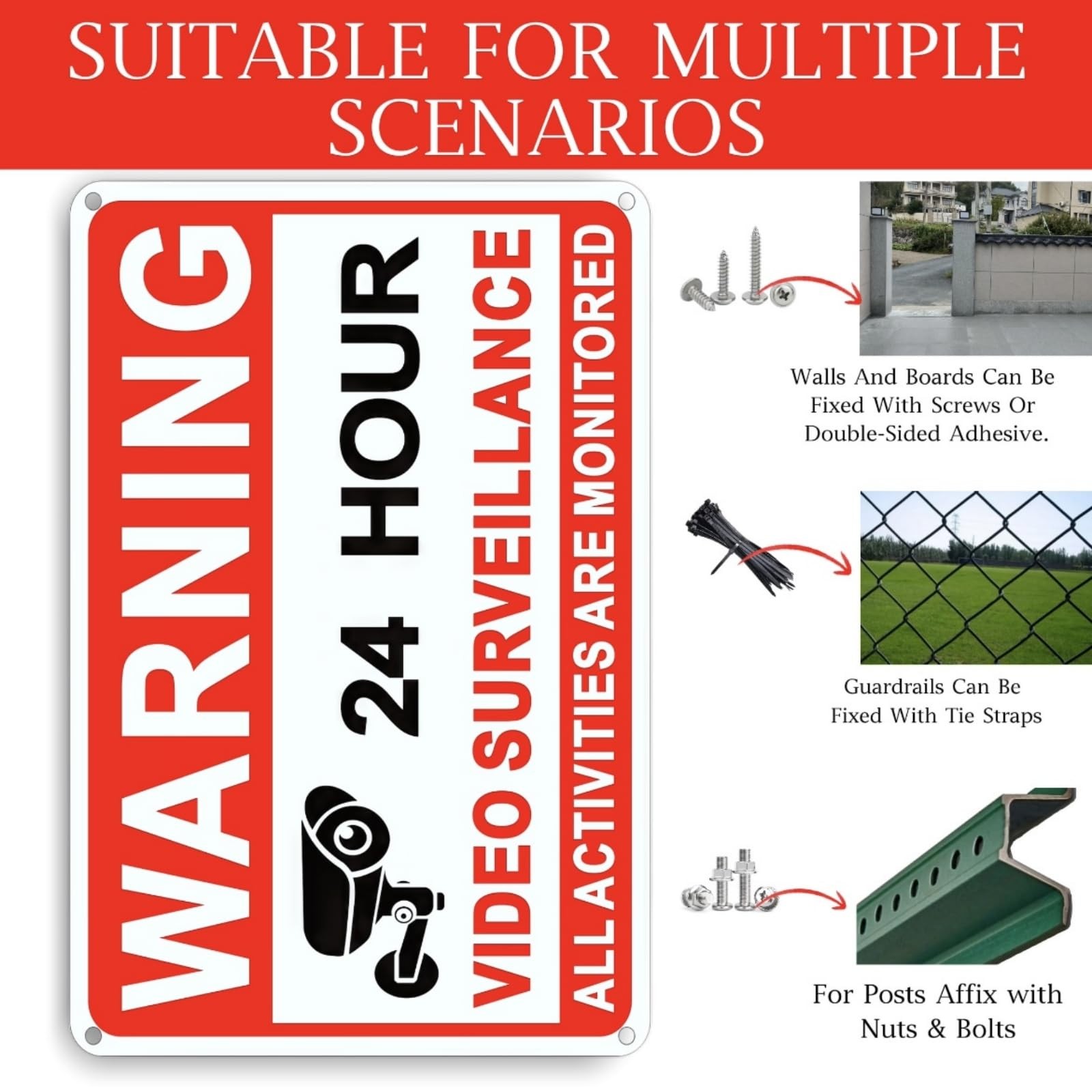 4 Pack Video Surveillance Signs, 8 x 12 Inch Aluminum 12×8 Inches, Red, White