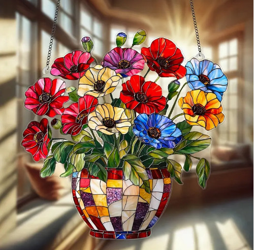 Suncatcher Poppy Flower Hanging Basket Acrylic Window Decor 8×8