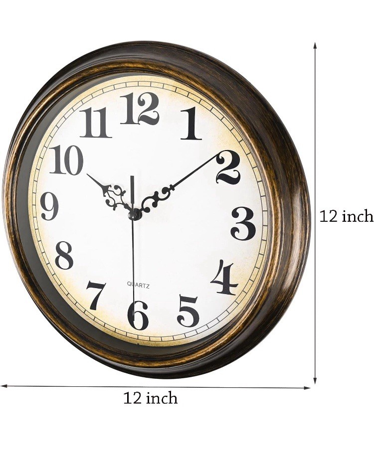 12 in Round Quartz Analog Hanging Wall Clock, Arabic Numerals, Brown/Gold