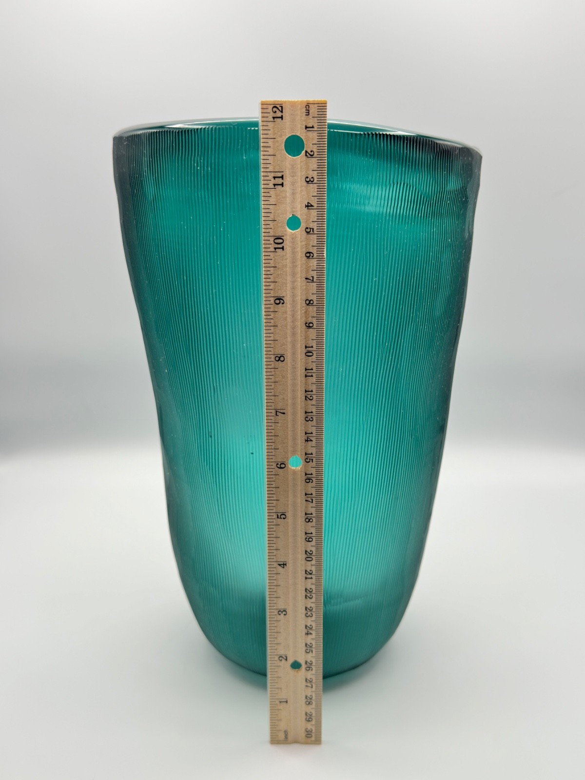 Jamie Slump Large Aqua Art Glass Vase Etched Ribbed Handcrafted Modern Decor