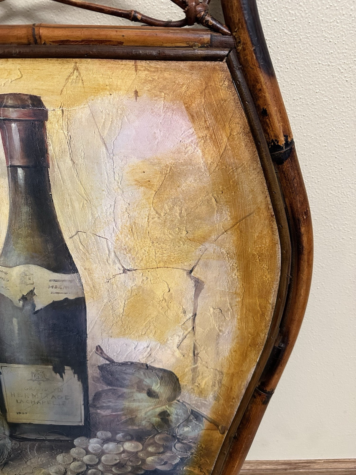 Vintage Bamboo Rattan Framed Wall Hanging of Wine And Grapes