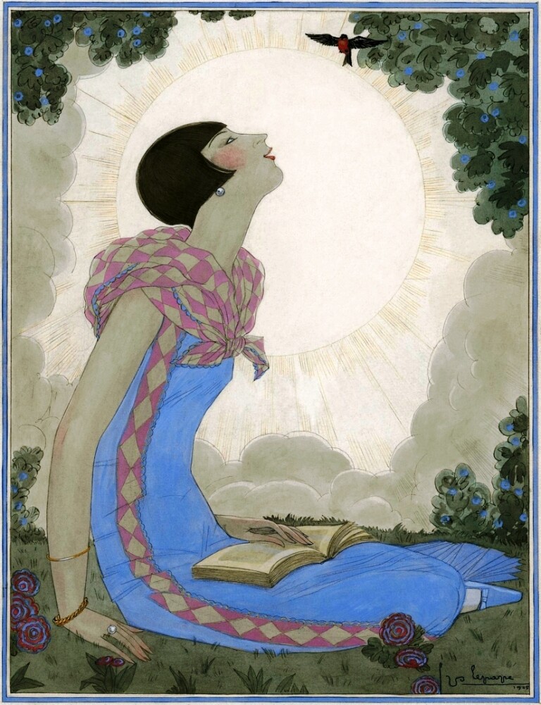 Woman Looking at a Small Bird Art Print Georges Lepape c1927 Art Deco Fashion