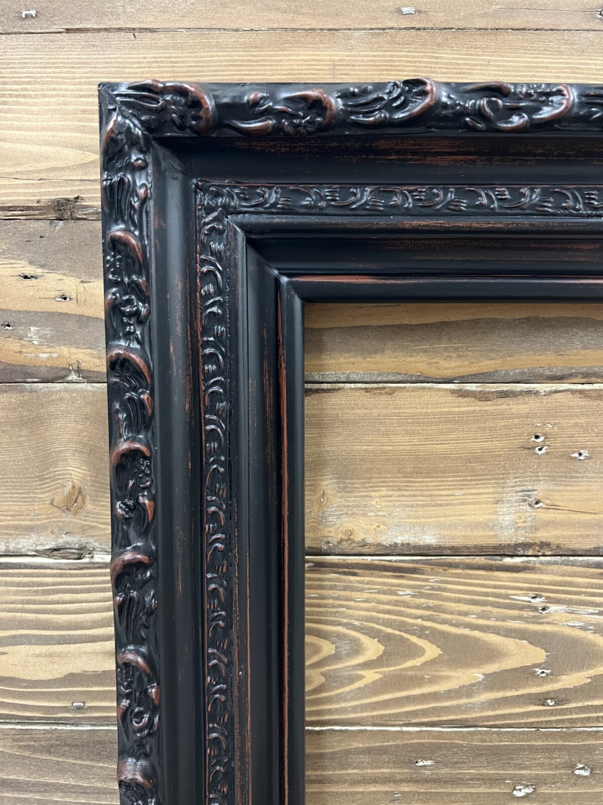 12 x 18 In Stock-Vintage style Black wood picture frame with compo ornate trim.