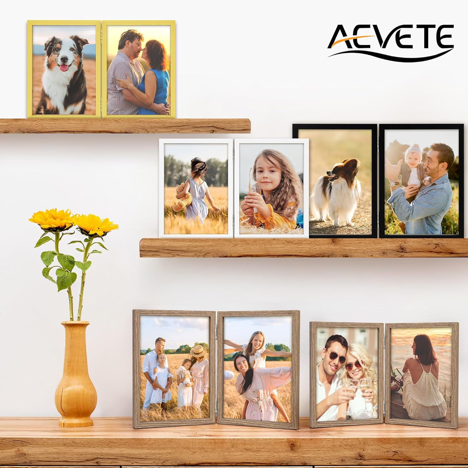 4×6 Double Hinged Folding Wood Picture Frame Tabletop Black 2 Photos