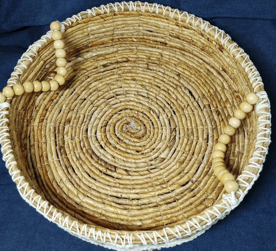 🧺Round Basket 16” X 4” BOHO Woven Tray Wooden 18mm Ball Handles Cotton Details