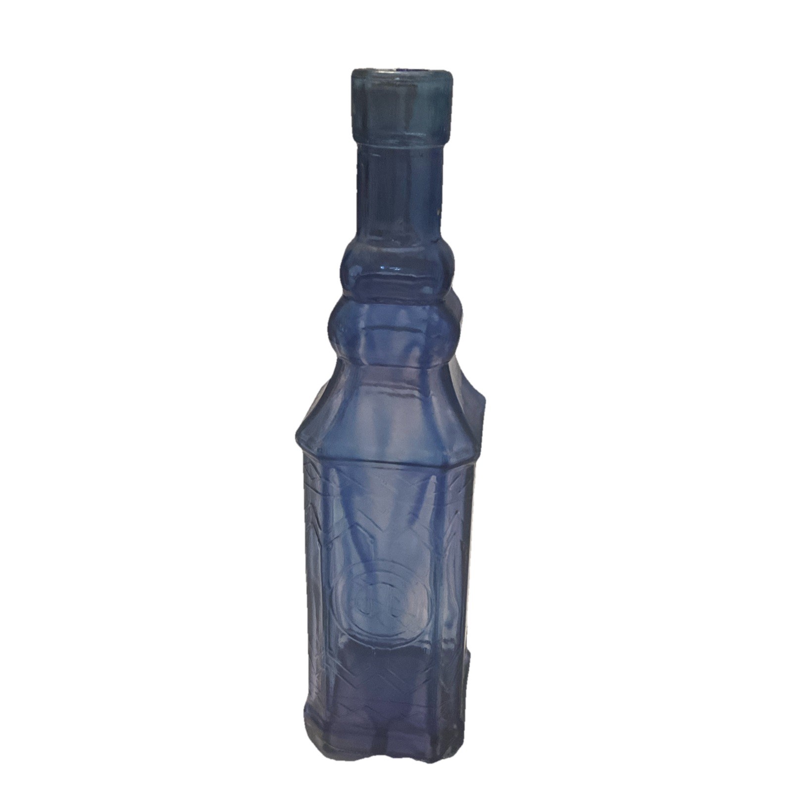 Vintage Blue and Purple Glass Decorative Bottle, 9 in Tall, Embossed Design