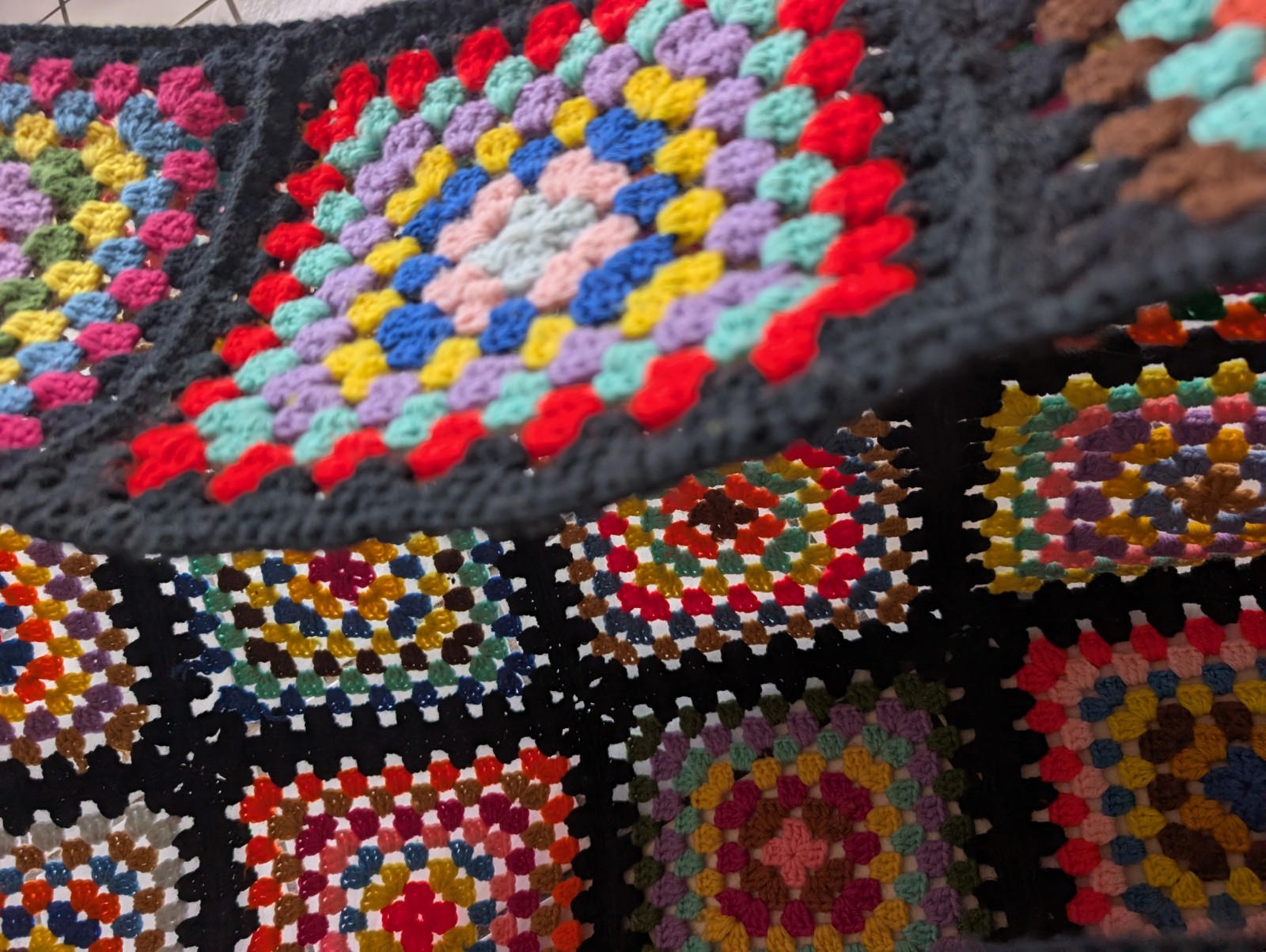 Handmade Granny Square Crochet Blanket Afghan Colorful Vintage Neon Retro 62×69