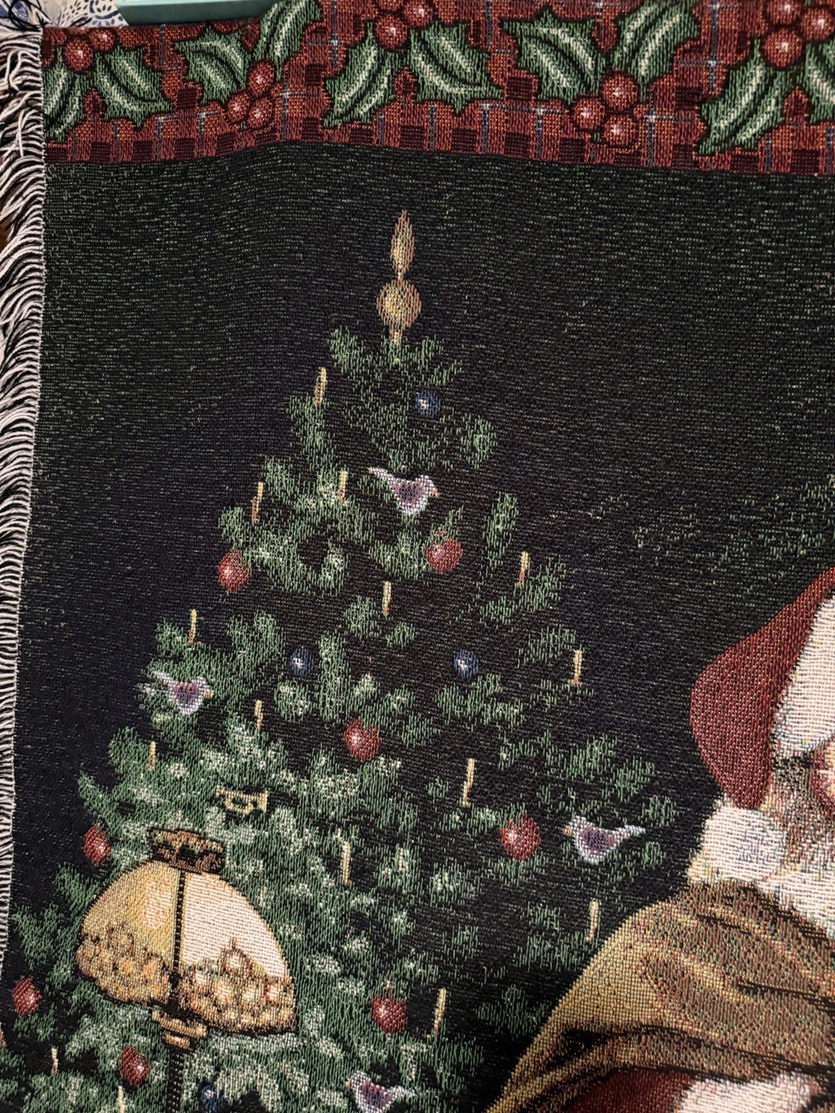 Fringed Tapestry Christmas Throw Blanket Santa, Tree, Fireplace 58”x47”