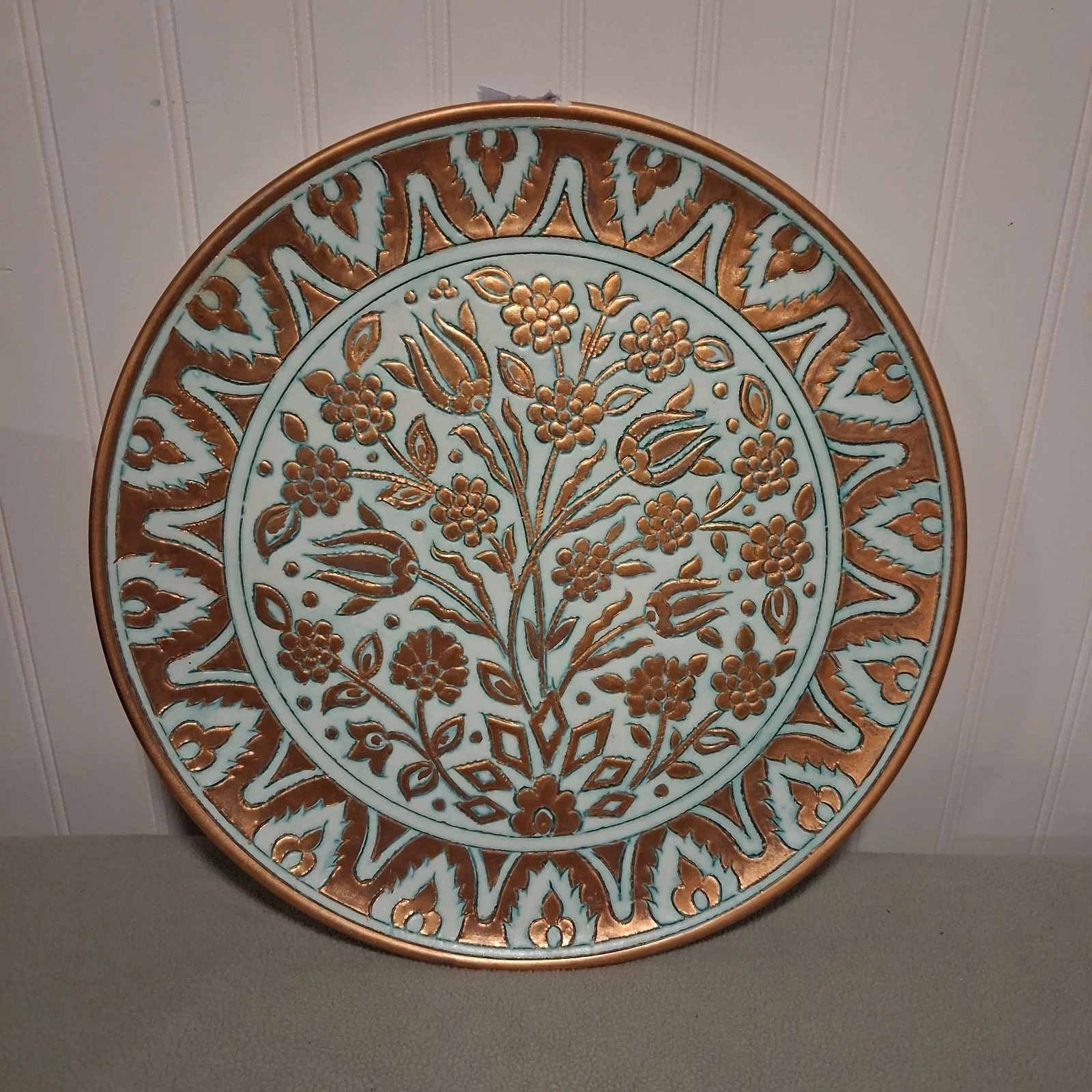 Signed Art Pottery Wall Plate 2000 Turkish Style Relief Floral Copper Glaze