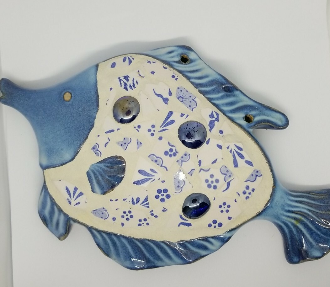 Blue Fish Wall Hanging W/ Mosaic Work Blue & White Hand Made Pottery 8.5″L Cool