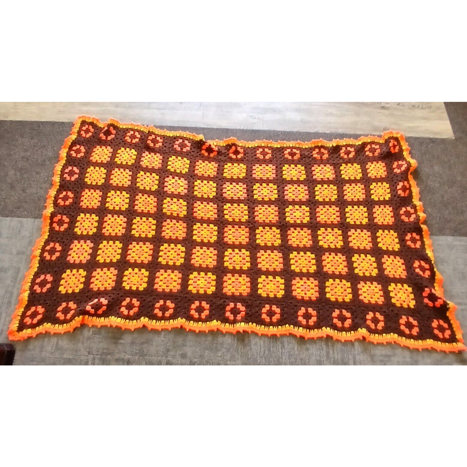 Granny Square Afghan Lap Throw Blanket Brown Yellow Orange Approx. 76”X 41”