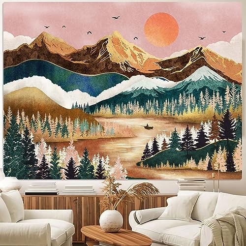 Mountain Tapestry Nature Forest Tree Tapestries for Bedroom 48″L x 36″W Orange