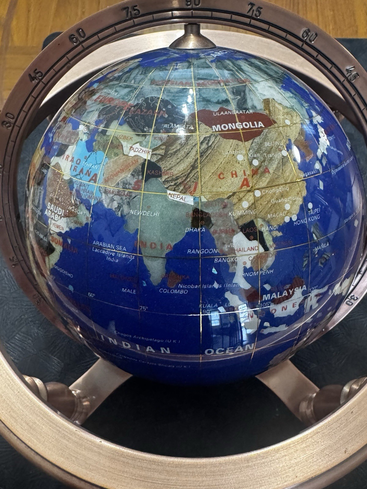Semi-Precious Gemstone Globe 9” In Copper Tone Stand with Compass
