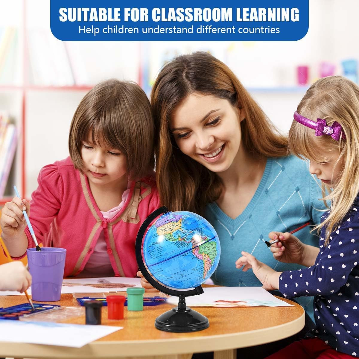 Rotating World Globe 6 Inch Spinning Earth Globe with Stand for Kids Learning Ge