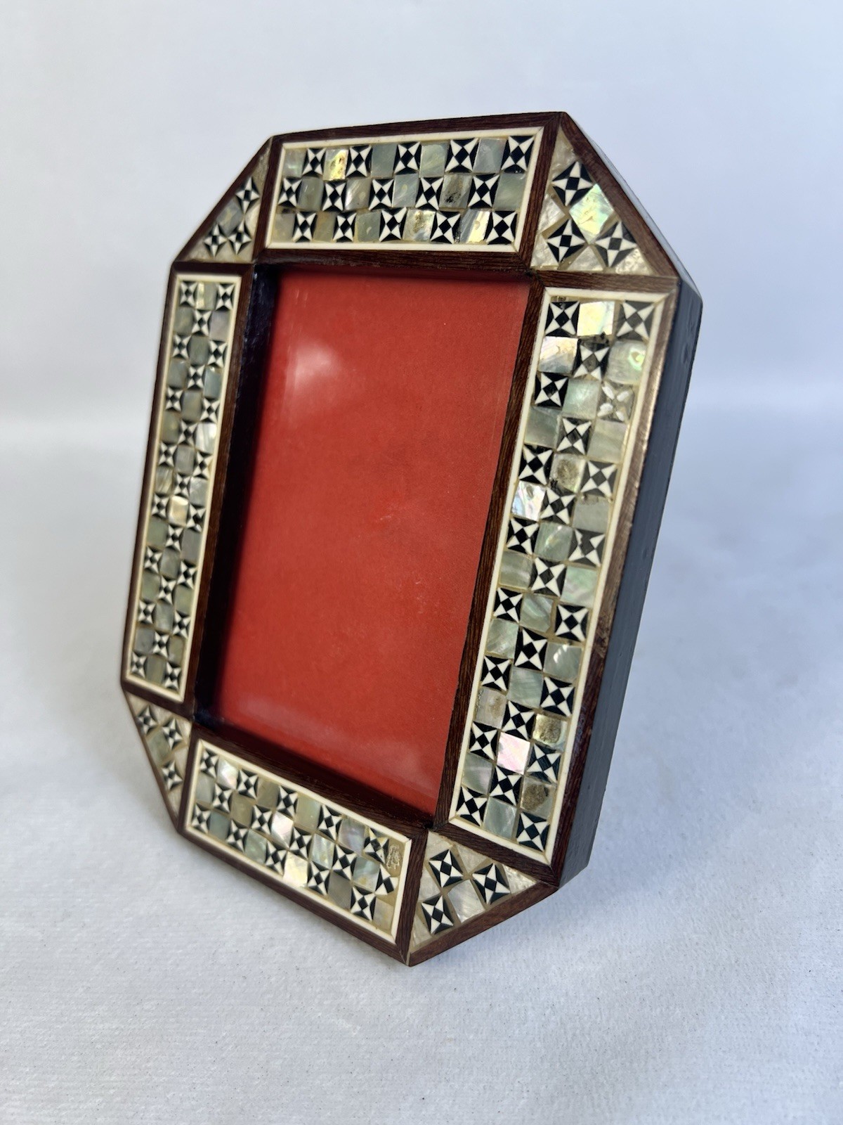 Handmade Egyptian Mother of Pearl Mosaic Picture Frame 6” T 4.5” W Wood Inlay