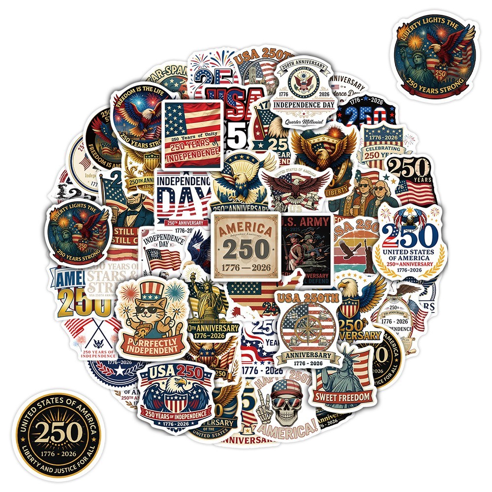 50 pcs Waterproof Vinyl Stickers USA 250th Anniversary Window Auto Luggage Phone