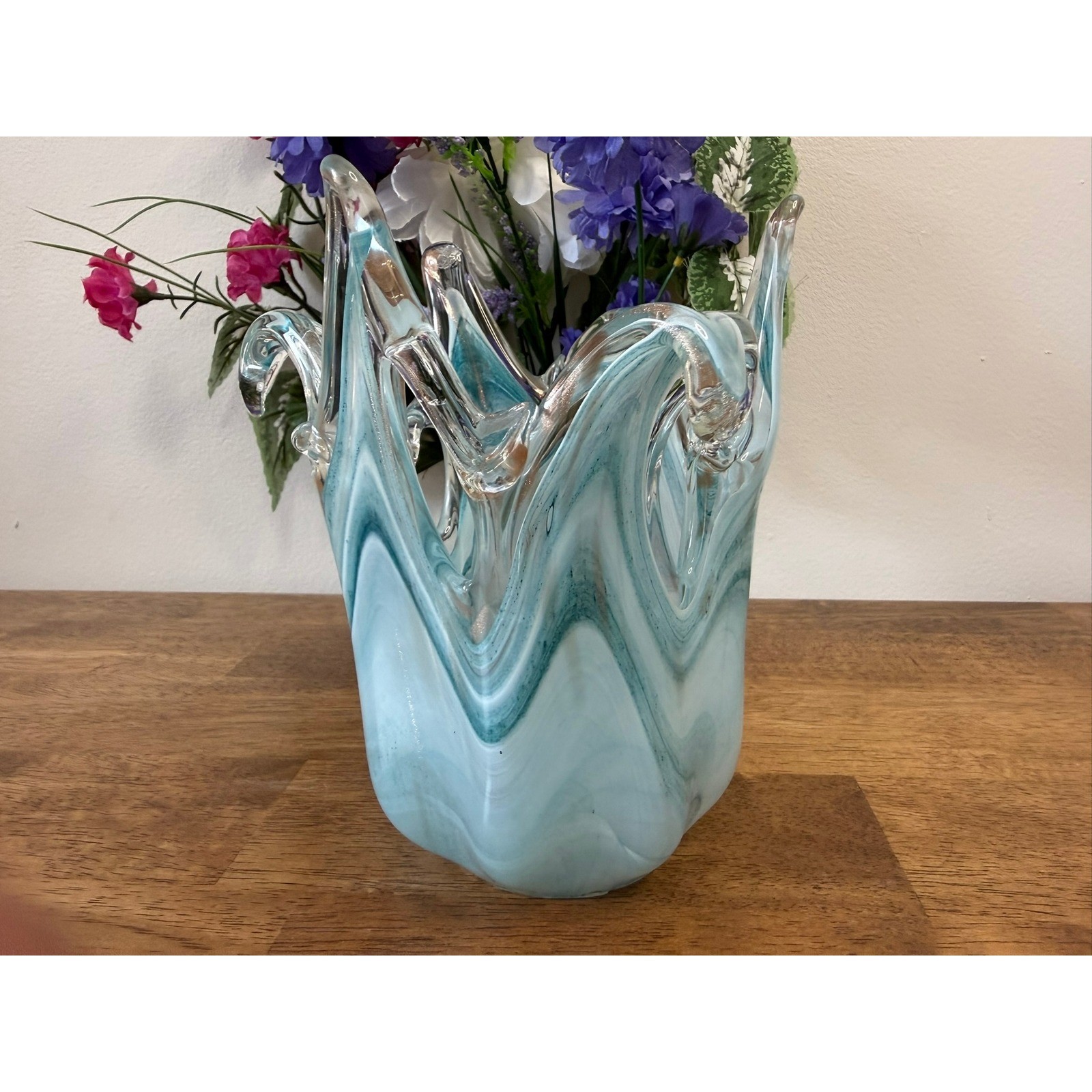 Vintage Hand Blown Blue White Art Glass Ruffled Vase Sculptural Studio Glass