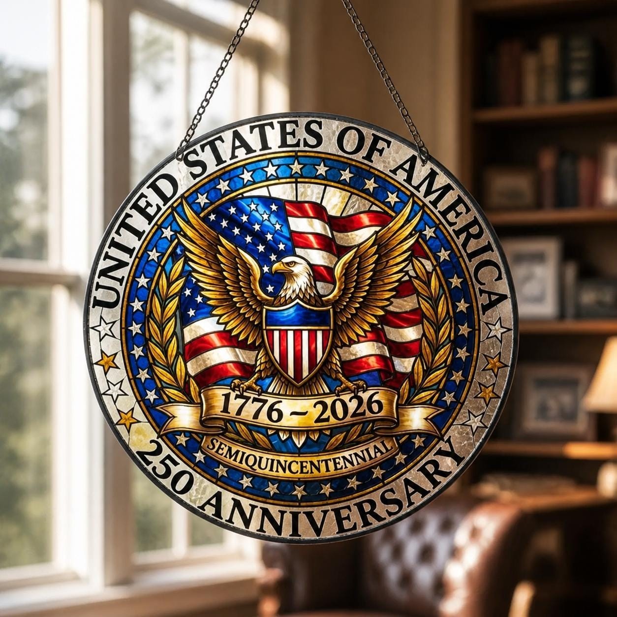 USA 250th Anniversary Suncatcher Eagle Stained Glass Window Hanging Decor
