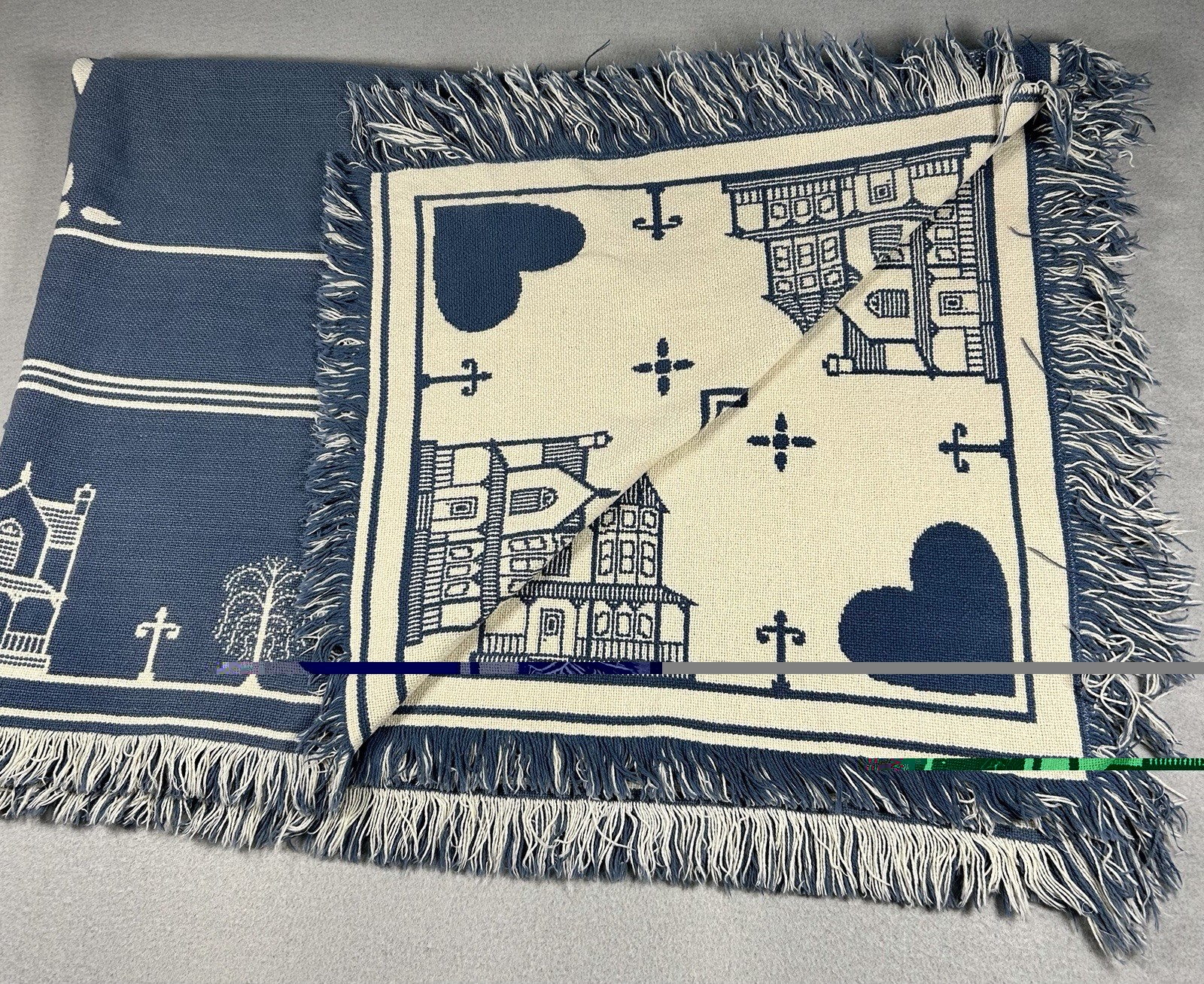 VTG Cottagecore Tapestry Throw Blanket Victorian Houses Hearts 90’s 62″x46″