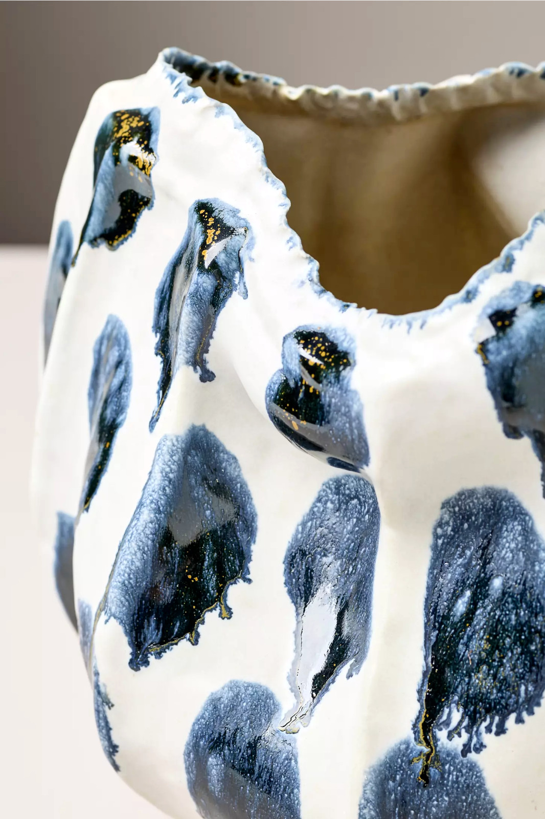 New Abstract Modern Porcelain Centerpiece Vase or Cachepot in Blue & Ivory 12″