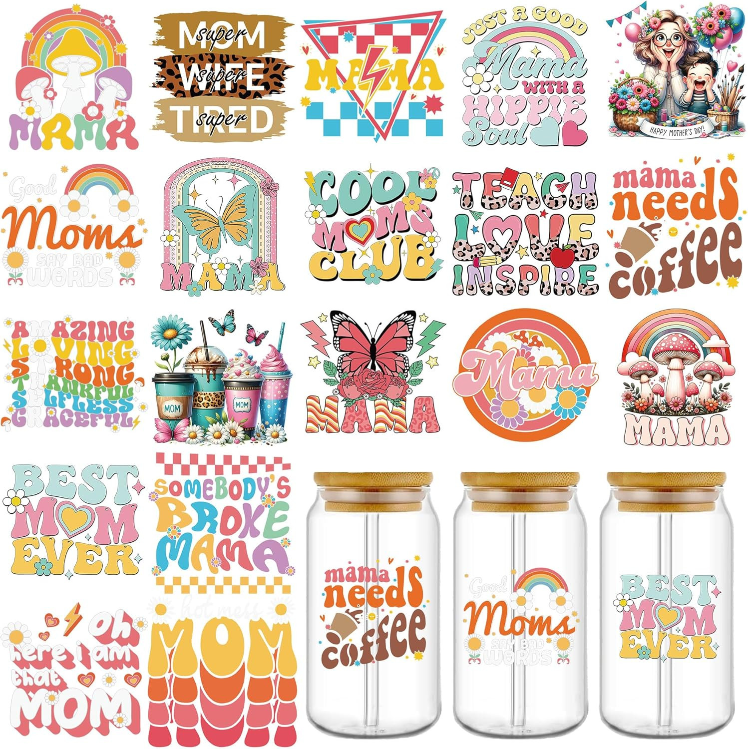 UV DTF Cup Wrap Transfer Stickers: 20 Pcs Mama UV DTF Cup Wraps for 16 Oz Glass