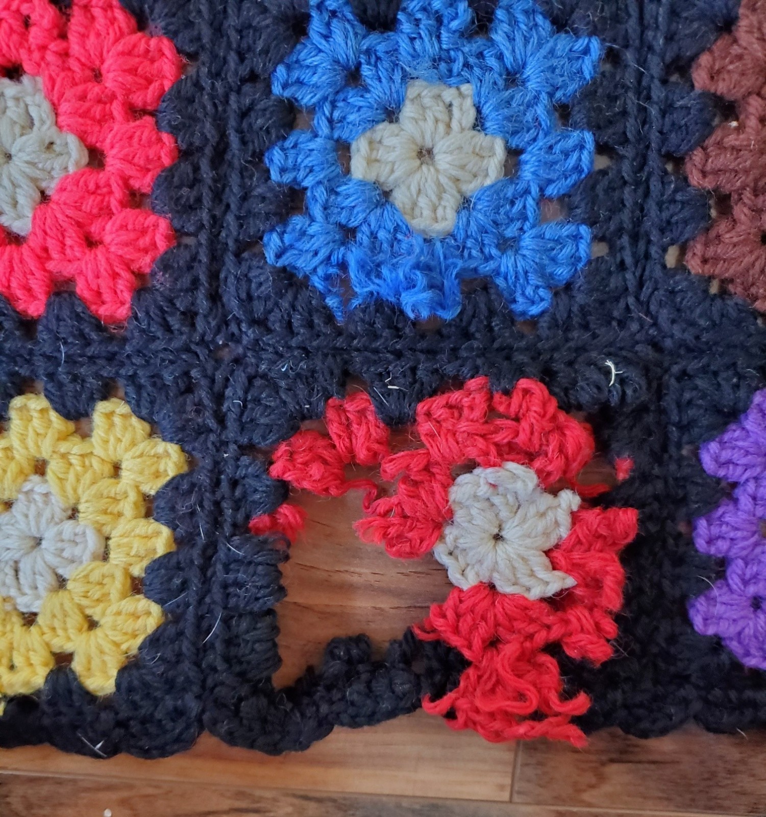 Vintage Handmade Colorful Granny Square Afghan 66″ x 38″ Black Background