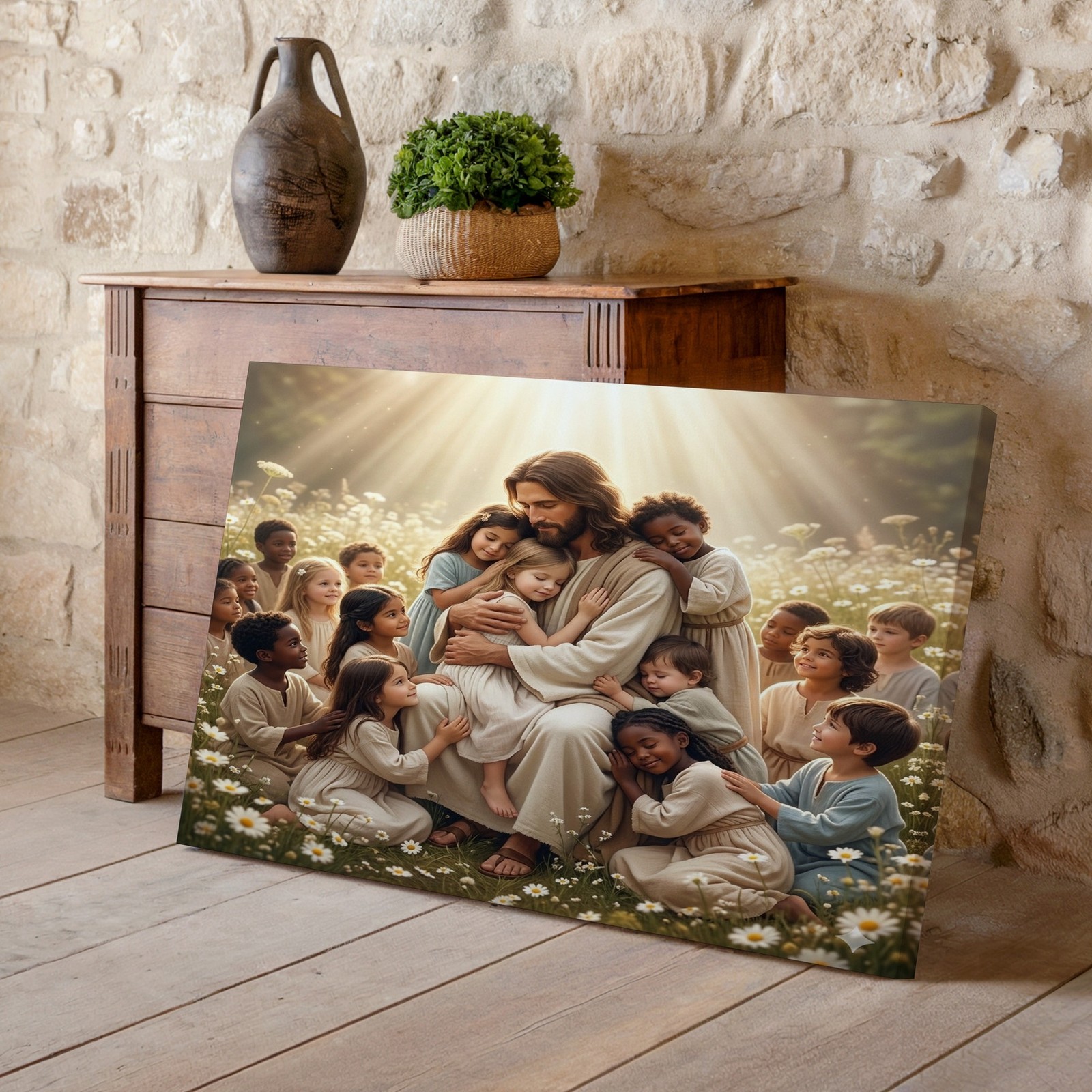 Jesus with Children Christian Inspirational Religious Faith Home Canvas Decor