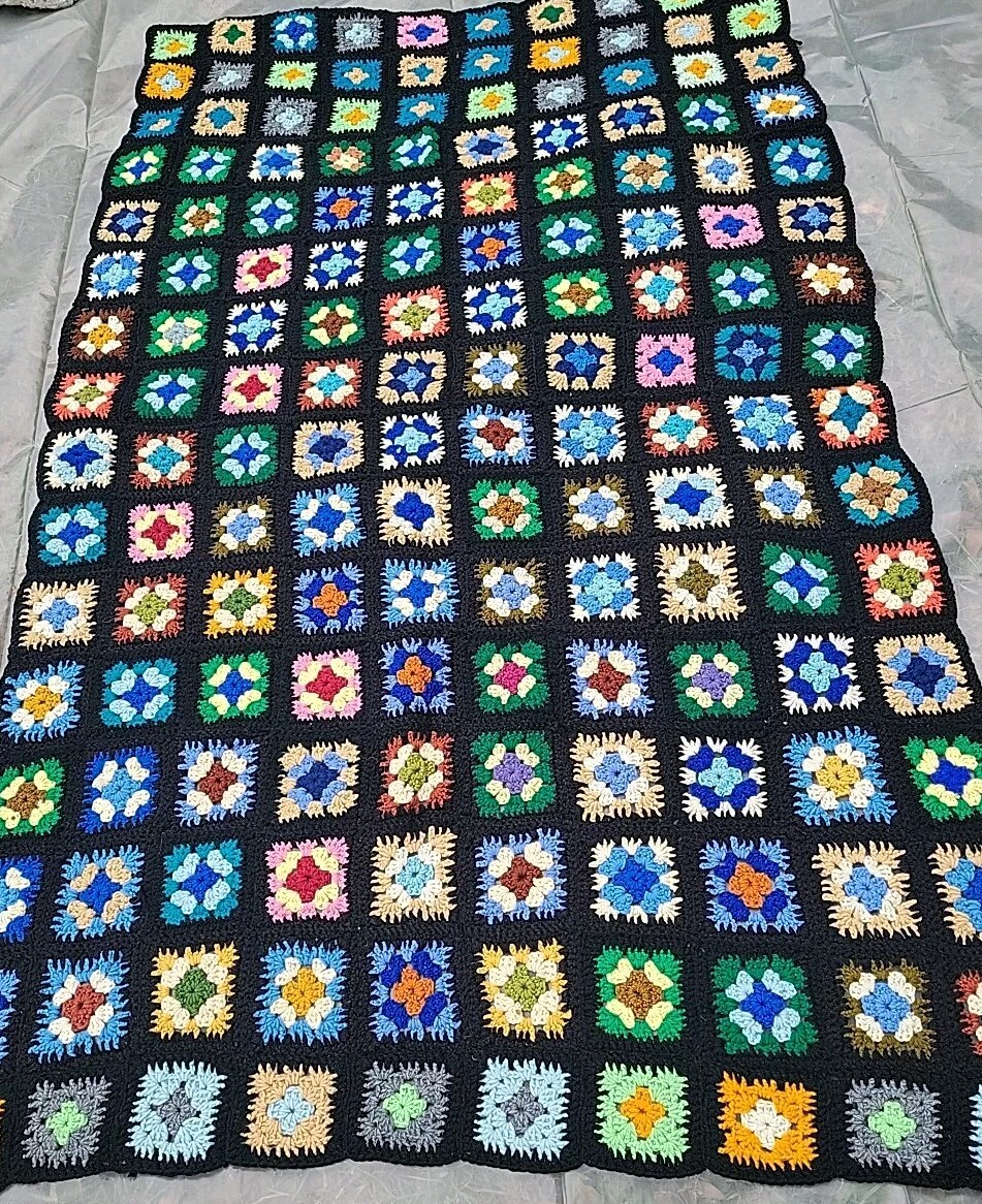 Vintage Granny Square Crochet Knitted Blanket Black Multicolor 44″ x 71″