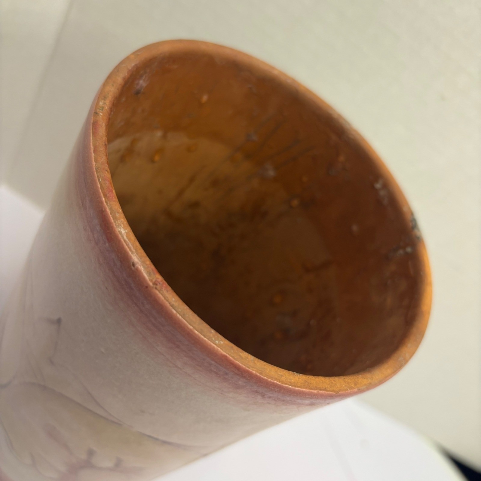 Pottery Barn Italy Ceramic Cylinder Vase Hand Painted Scroll Terracotta 8.25″