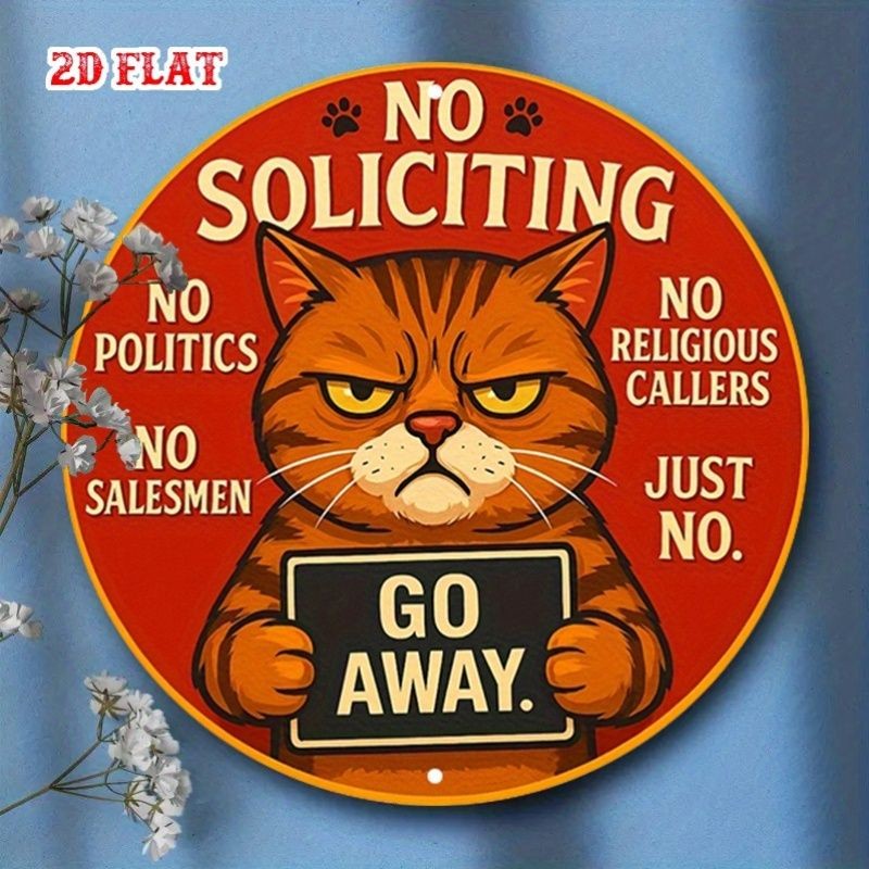 Funny No Soliciting Metal Sign Grumpy Cat Go Away Round Outdoor Yard Wall Art