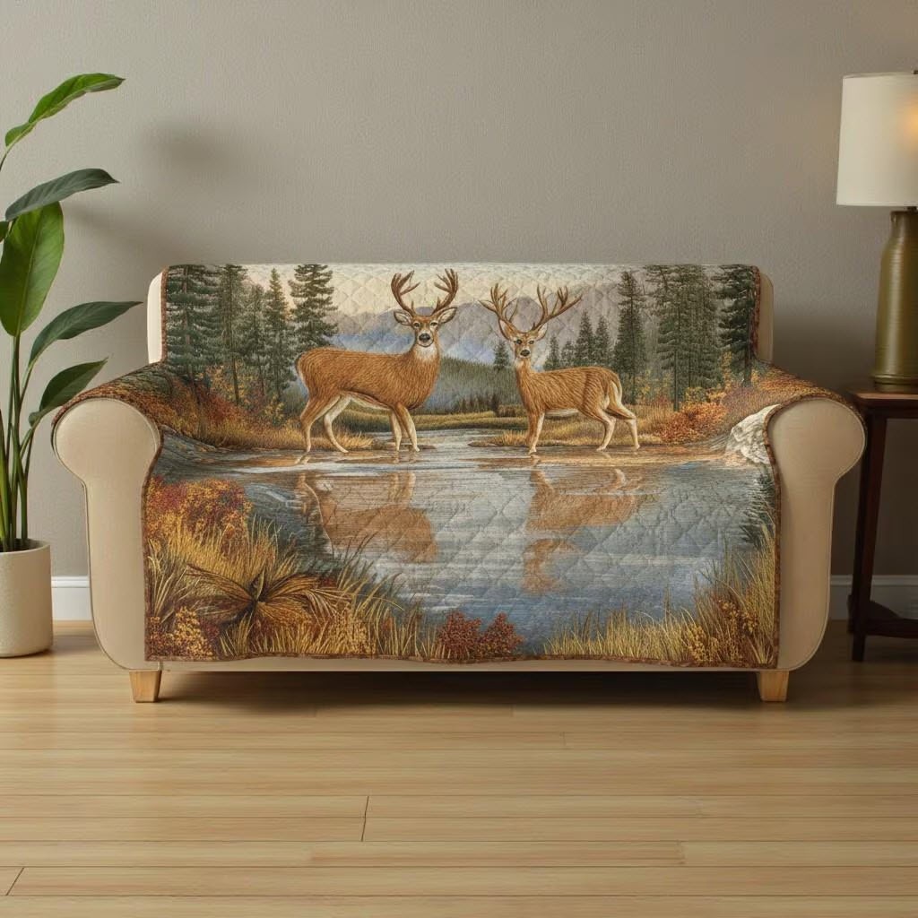 Deer Hunting Quilted Sofa Cover Rustic Farmhouse Holiday Living Room Protector