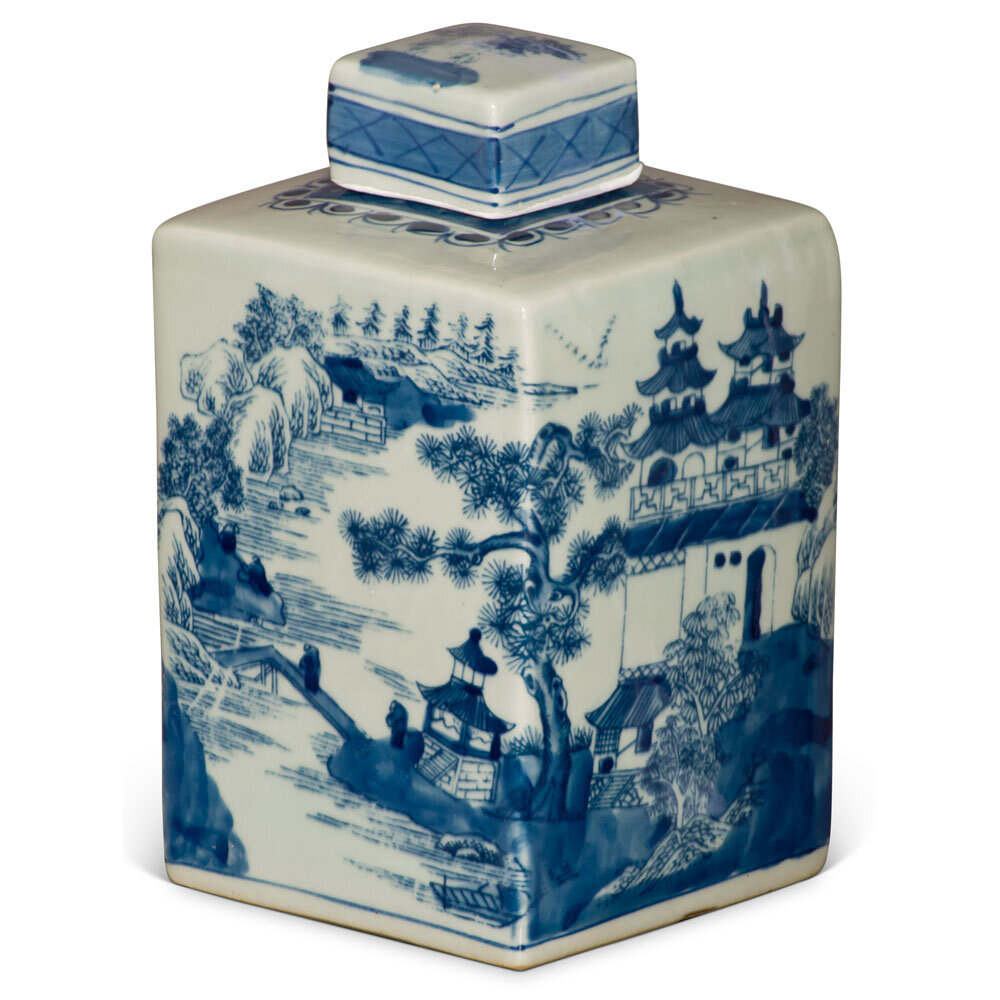 US SELLER – Blue and White Porcelain Chinese Tea Jar with Pagoda Scenery Motif