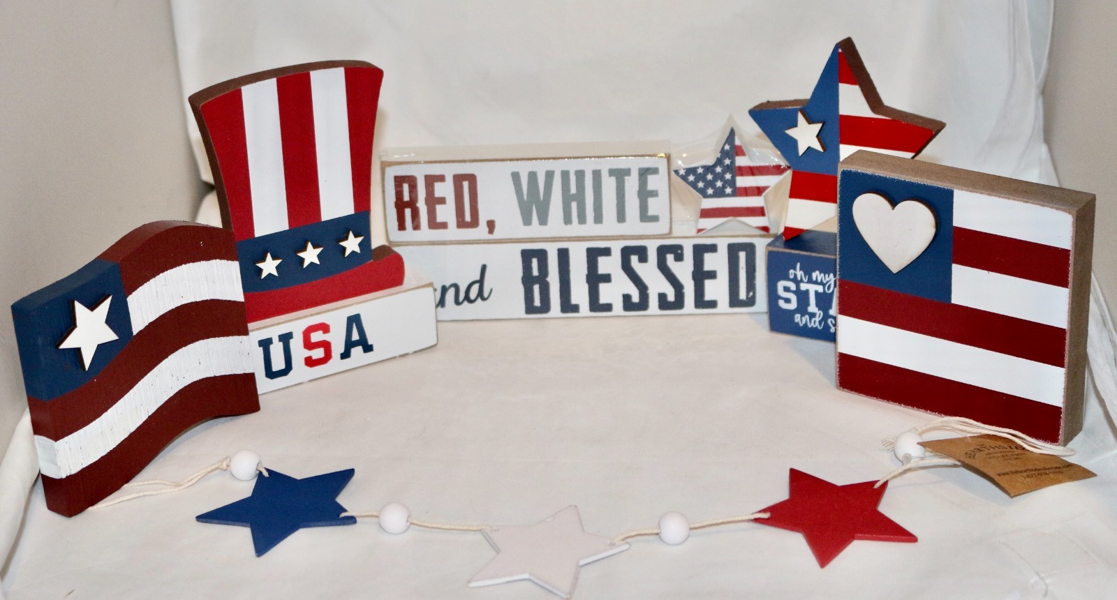 Patriotic Decor Set 6 4th of July Tier Tray Holiday Decor Stars Flag Uncle Sam