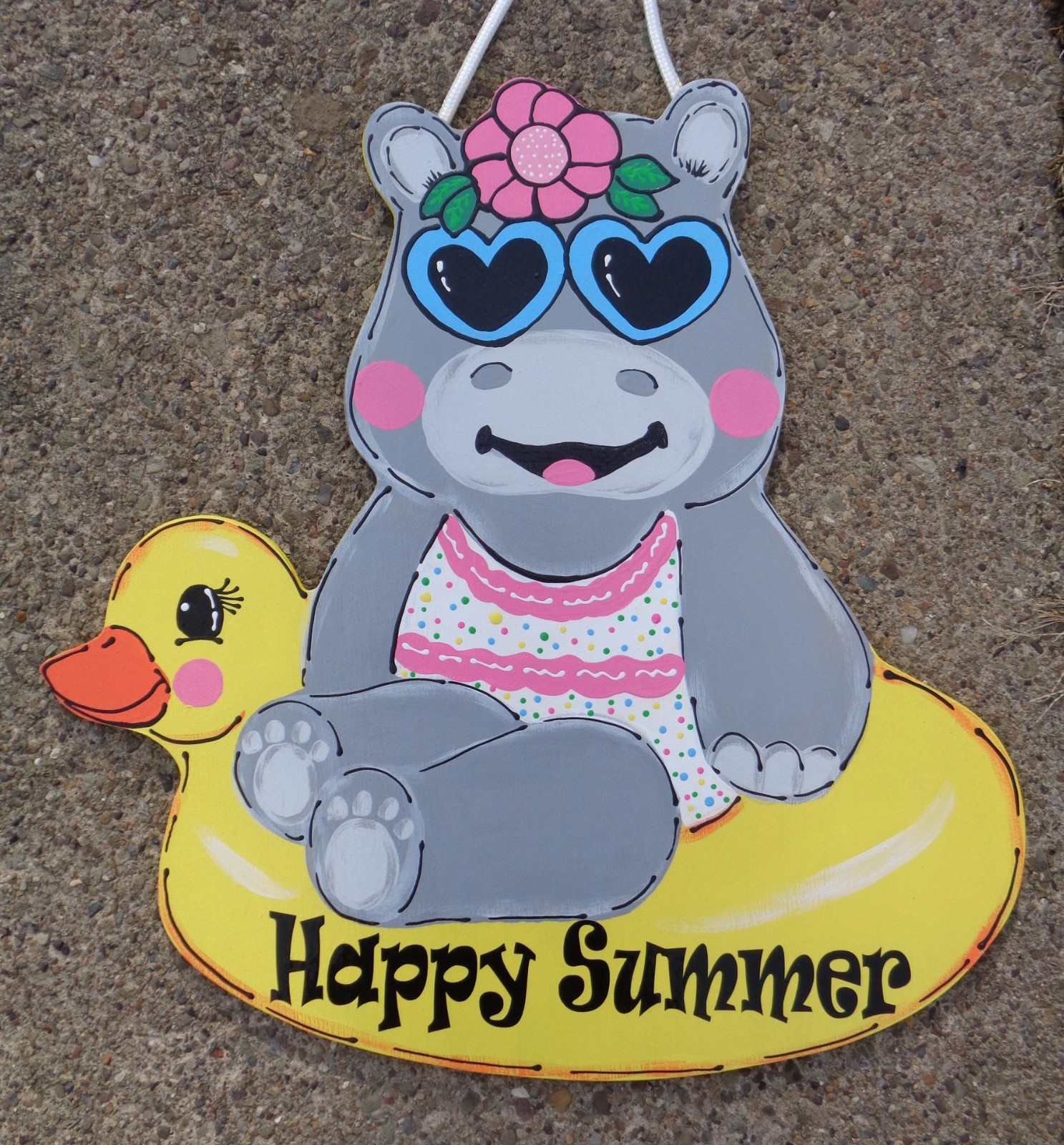 Hand Painted 18″ Hippo Hippopotamus Sign: Summer Pool Decor